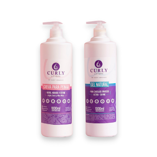 Kit duo para cabello grueso litro Curly Lovers - Gel natural Litro cabello grueso, Crema para peinar Litro (2 pack)